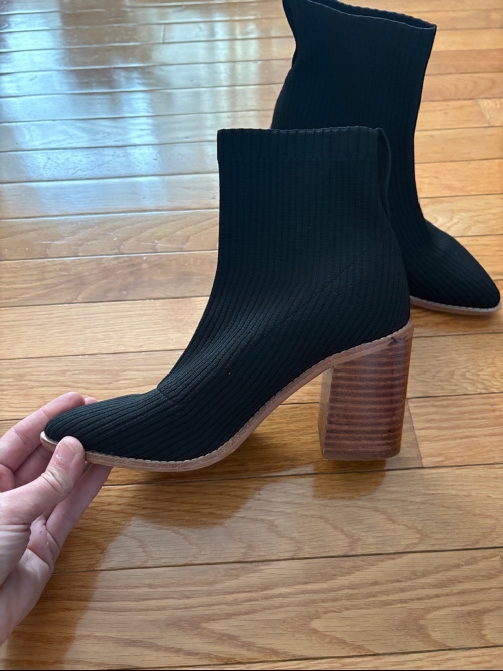 Steven By Steve Madden Black Knit Sock Ankle Boots with Brown Block Heel - Picture 3 of 10